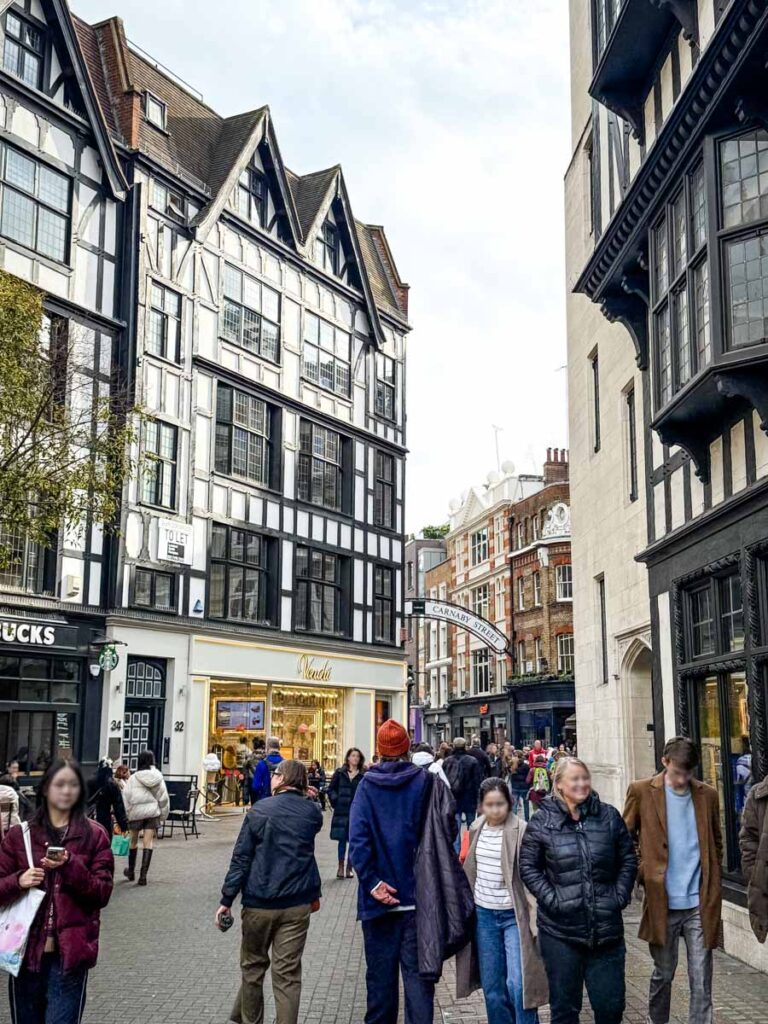 Bustling street scene with diverse pedestrians, historic buildings, shops, and cafes under a cloudy sky in a vibrant urban area.