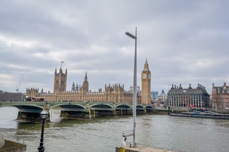 A wide-angle view of Westminster Bridge crossing the River Thames, with the Elizabeth Tower (Big Ben) and the Houses of Parliament in the background on a cloudy day in London.