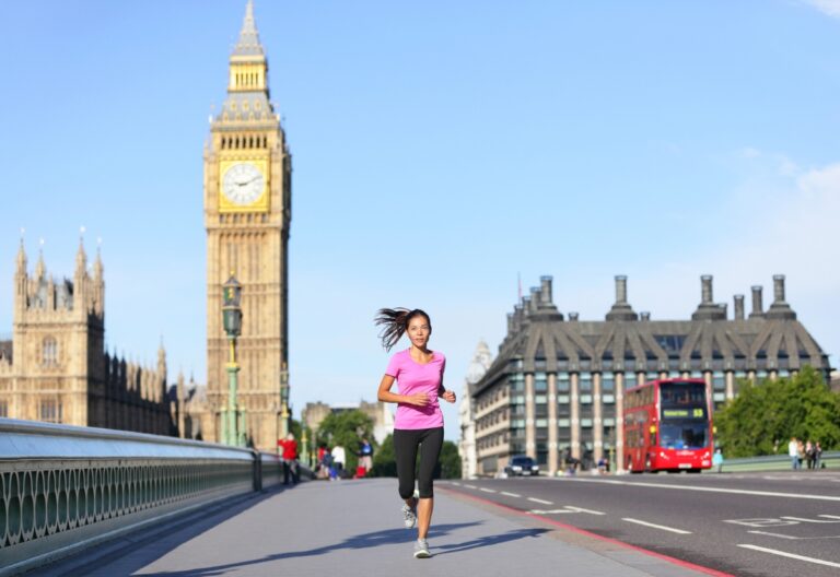 Woman running in London.