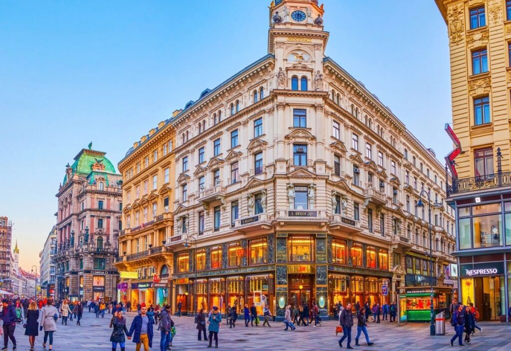 Historic European street scene at dusk, showcasing a grand, ornate building with glowing shop windows. People stroll along the bustling cobblestone street.