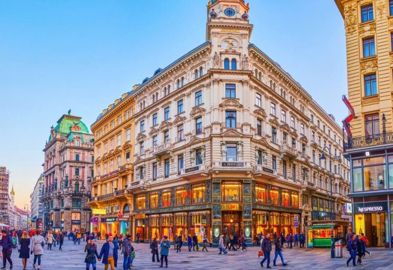 Historic European street scene at dusk, showcasing a grand, ornate building with glowing shop windows. People stroll along the bustling cobblestone street.