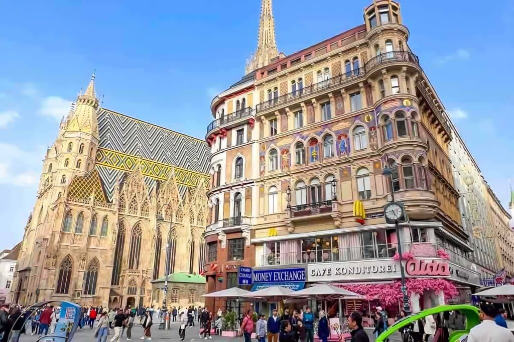 Street view of St. Stephen's Cathedral in Vienna, Austria.